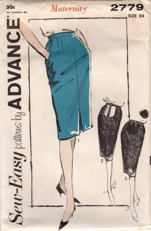 1960's Advance Maternity Pencil Skirt Pattern with Pockets - Waist 24" - No. 2779