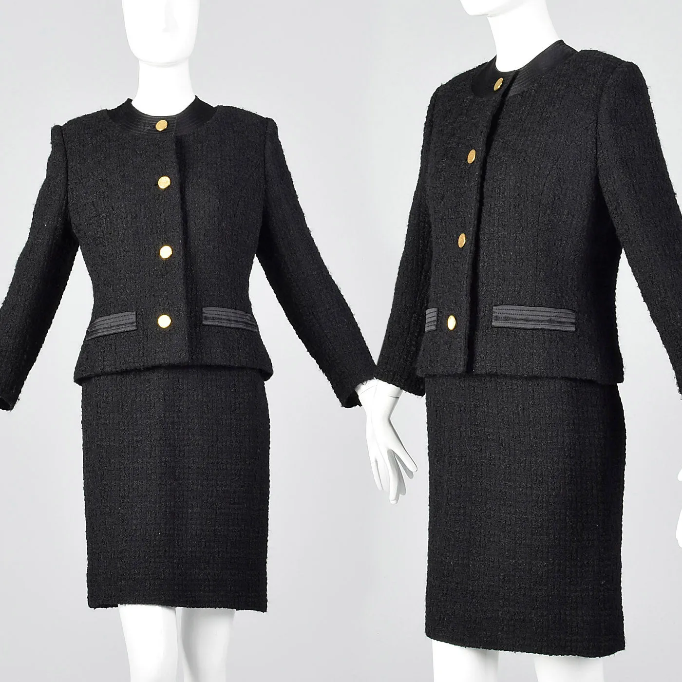 1960s Black Chunky Tweed Skirt Suit