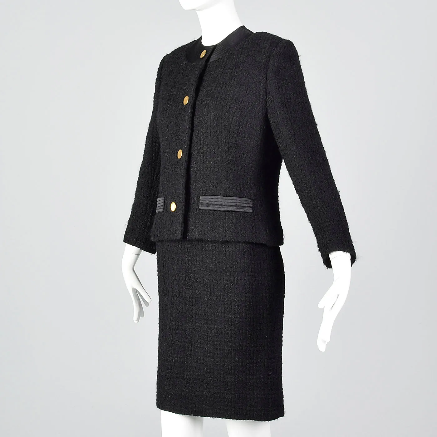 1960s Black Chunky Tweed Skirt Suit