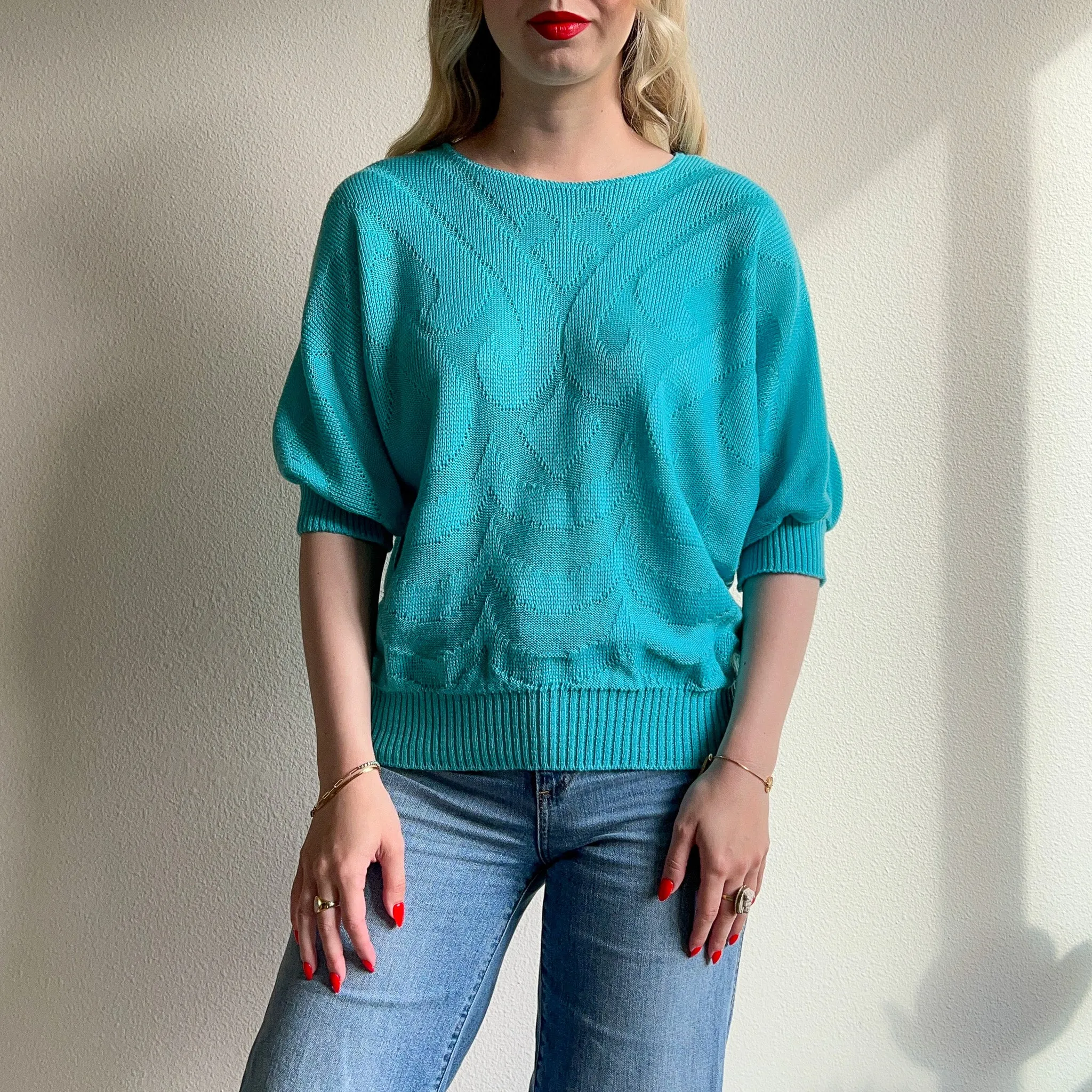 1980s Draped Turquoise Knit Sweater (L/XL)