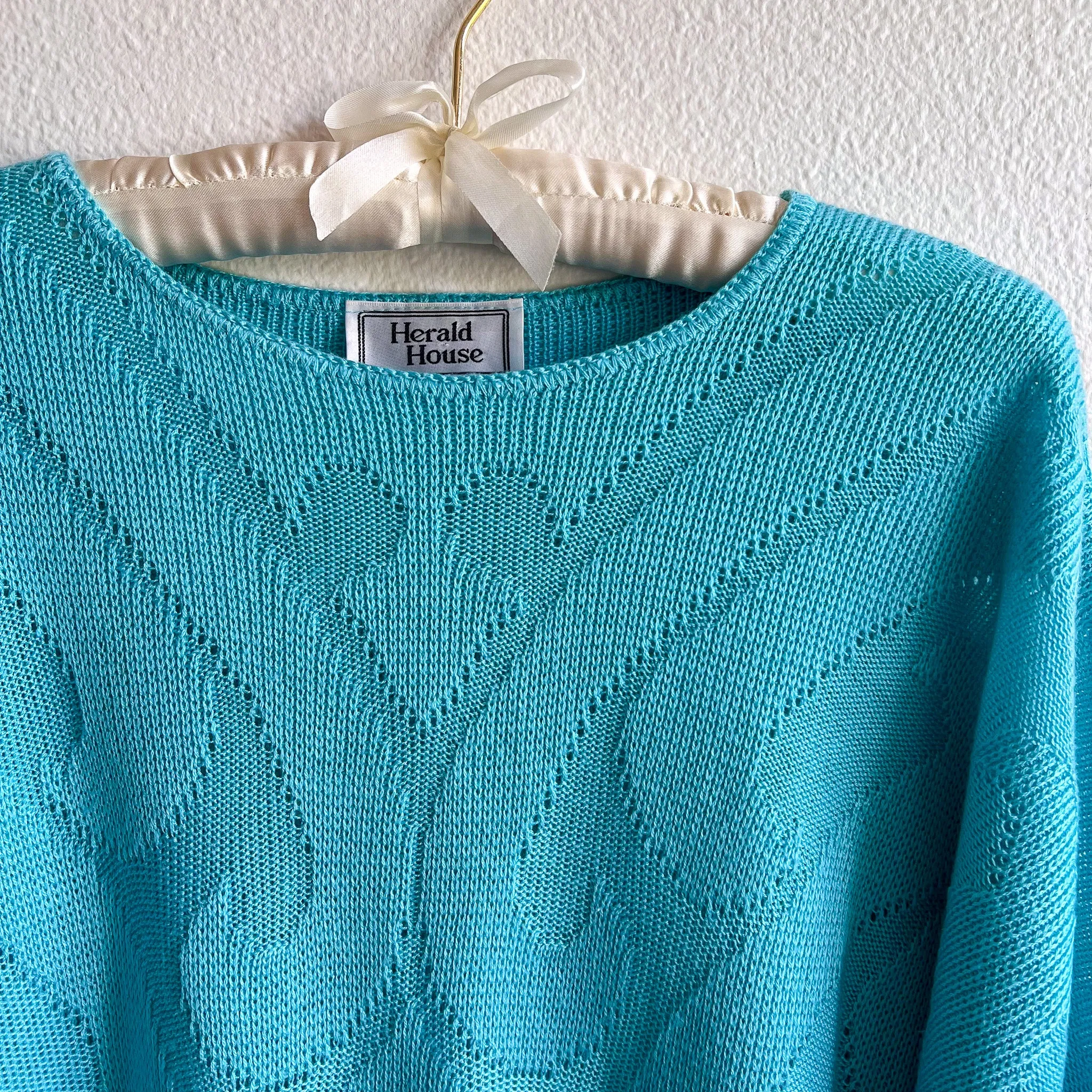 1980s Draped Turquoise Knit Sweater (L/XL)