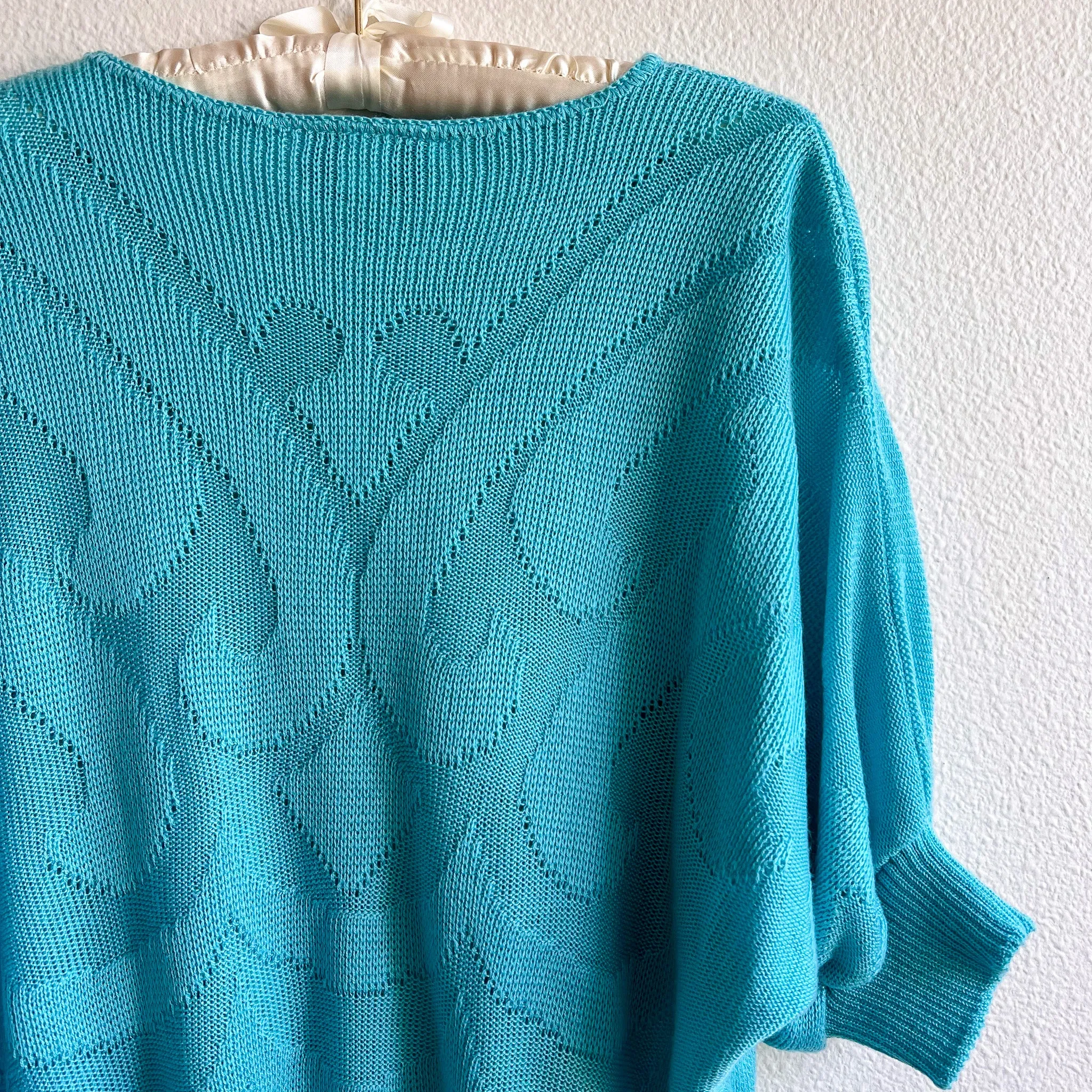 1980s Draped Turquoise Knit Sweater (L/XL)