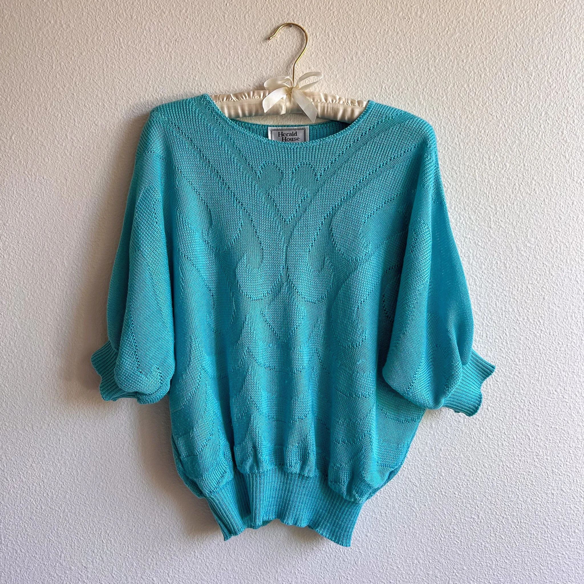 1980s Draped Turquoise Knit Sweater (L/XL)