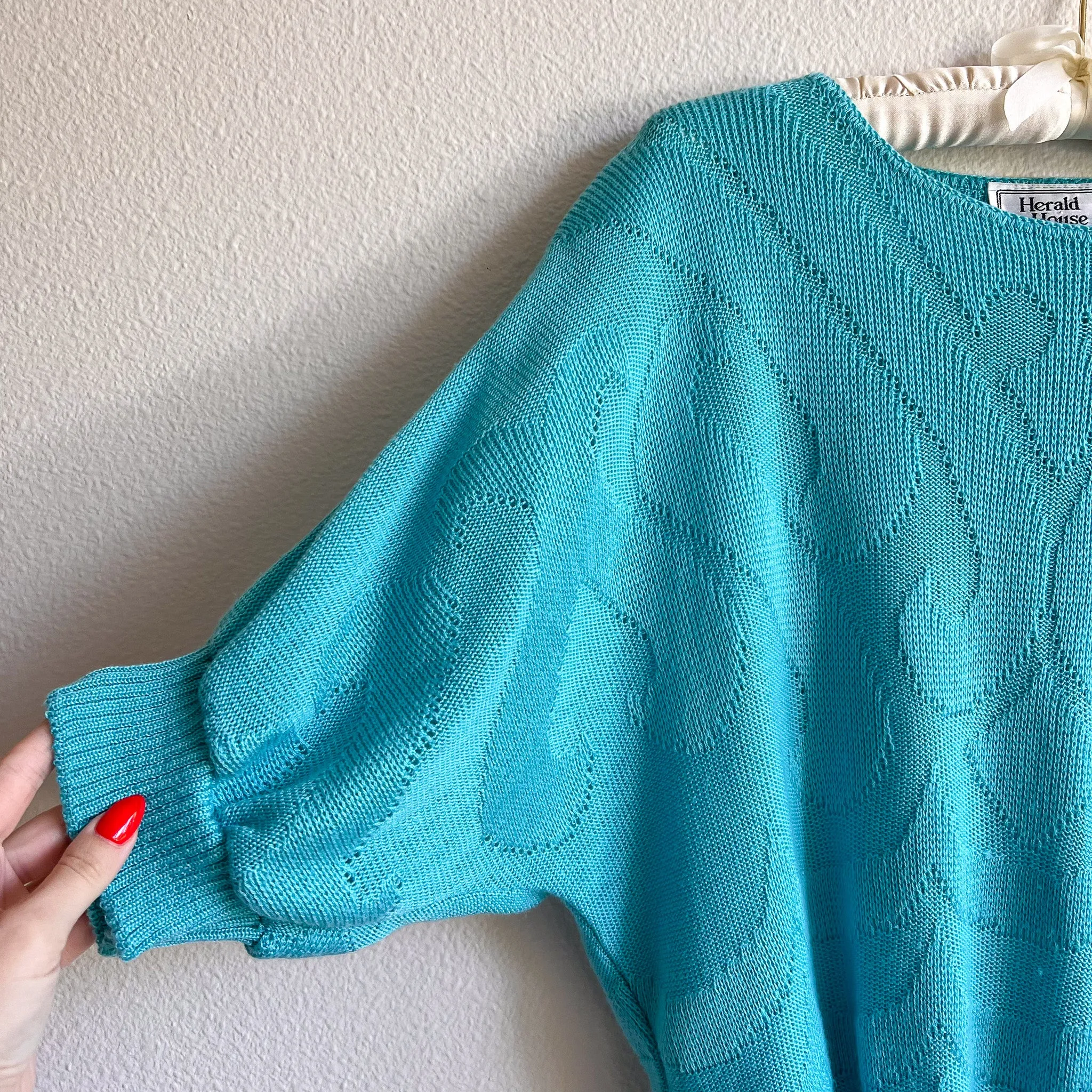 1980s Draped Turquoise Knit Sweater (L/XL)