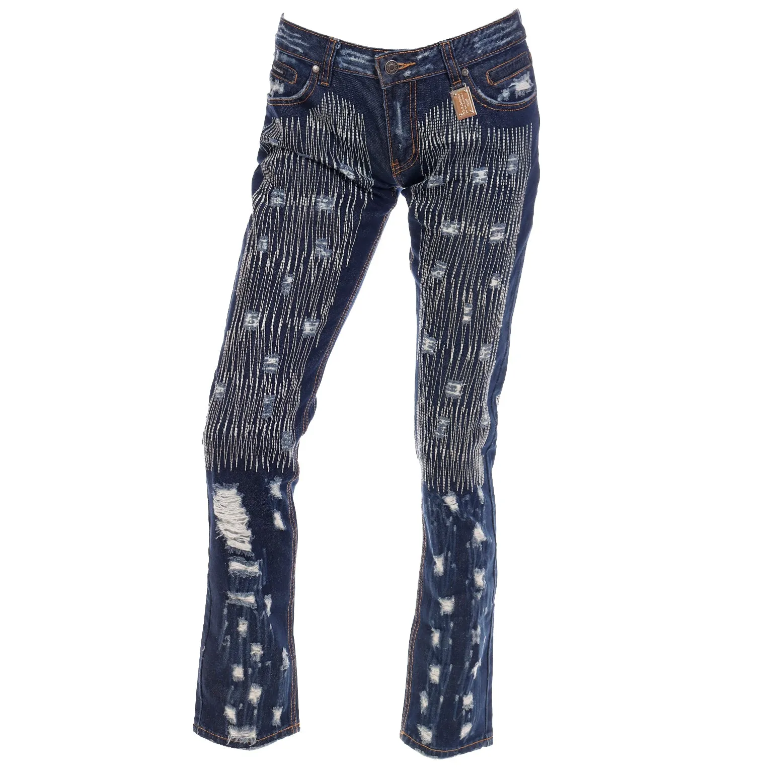 2000s Dolce & Gabbana Distressed Low Rise Denim Jeans w Embroidery