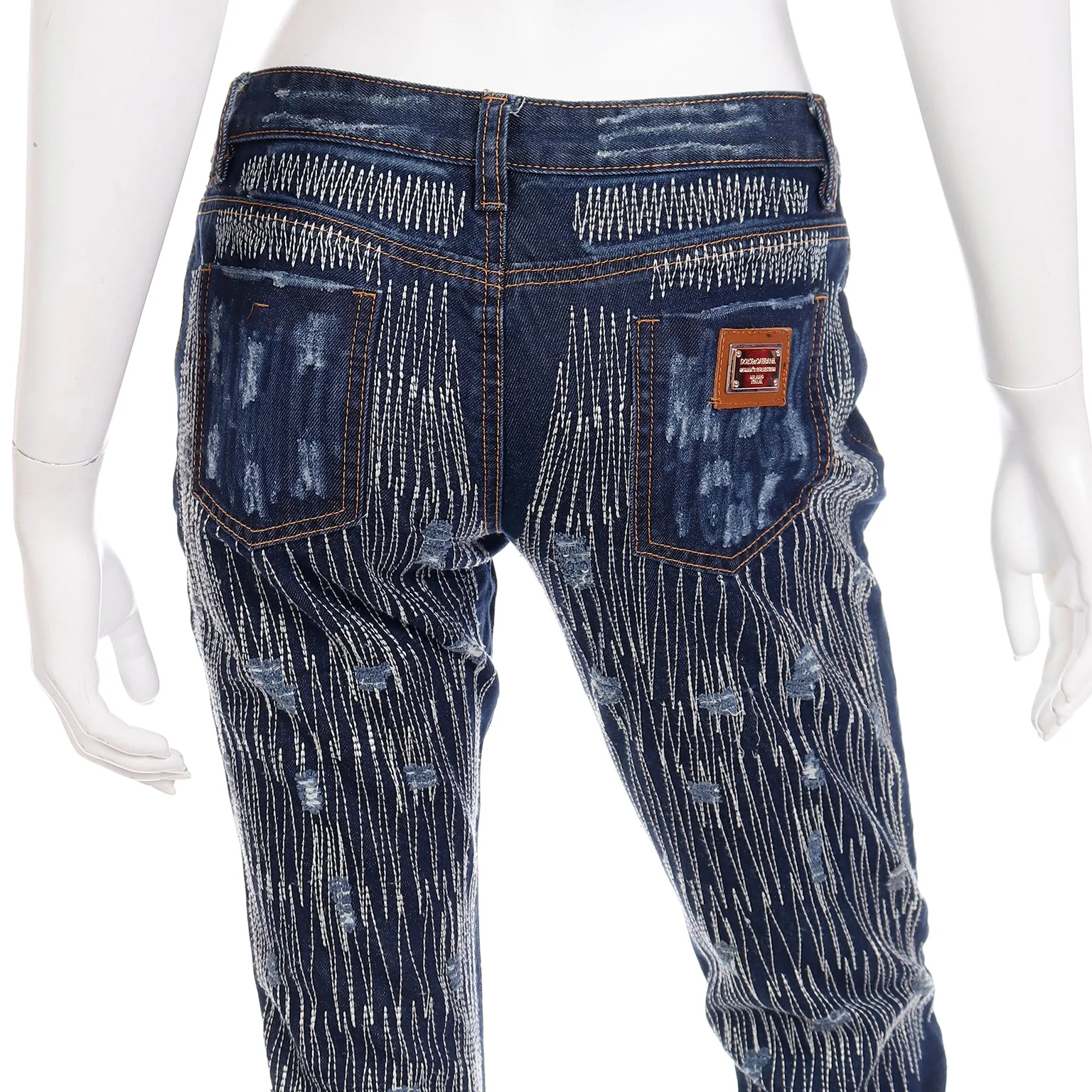 2000s Dolce & Gabbana Distressed Low Rise Denim Jeans w Embroidery