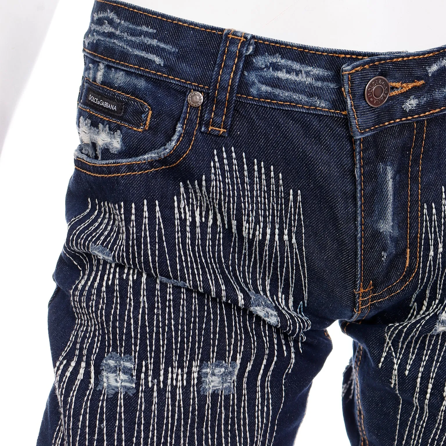 2000s Dolce & Gabbana Distressed Low Rise Denim Jeans w Embroidery