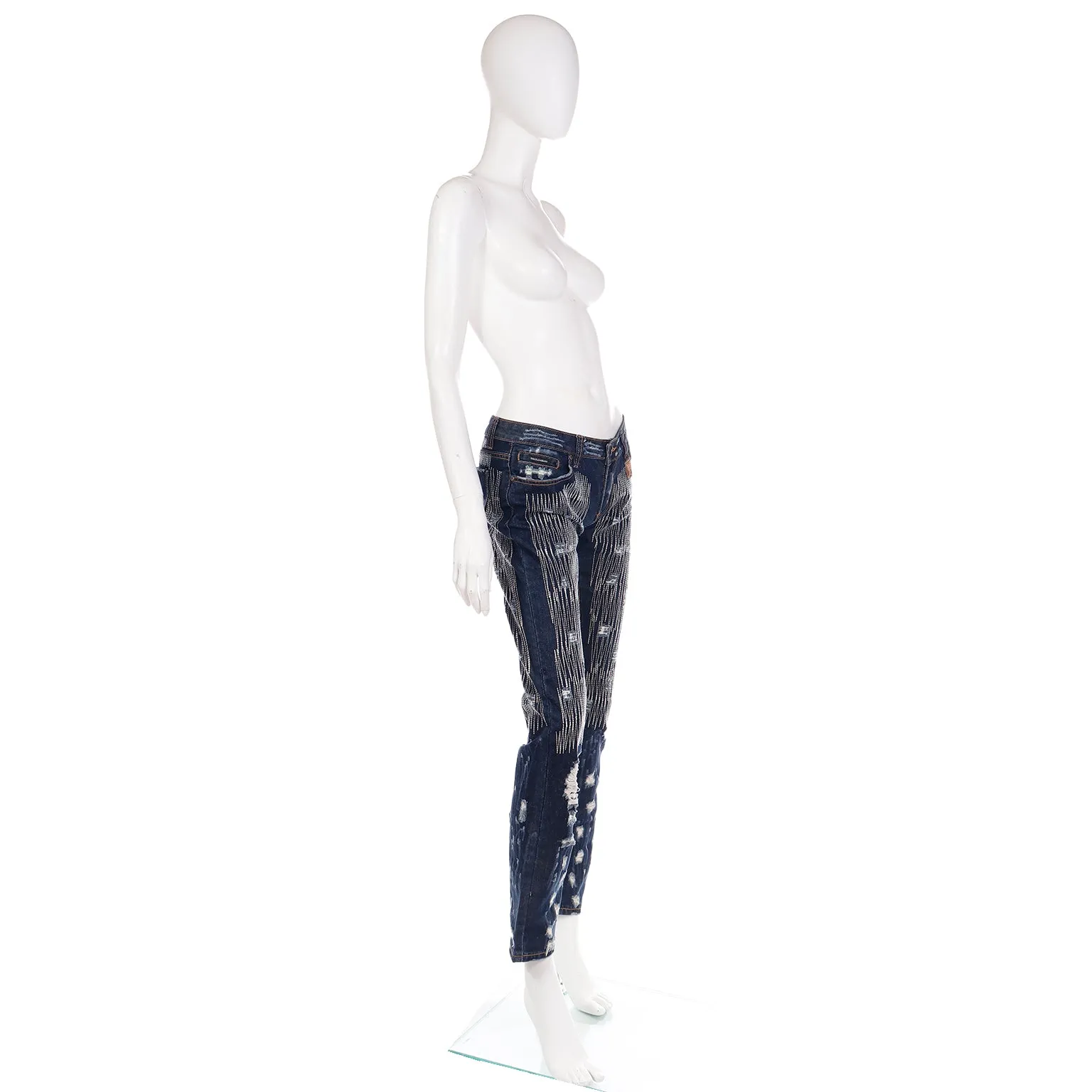 2000s Dolce & Gabbana Distressed Low Rise Denim Jeans w Embroidery