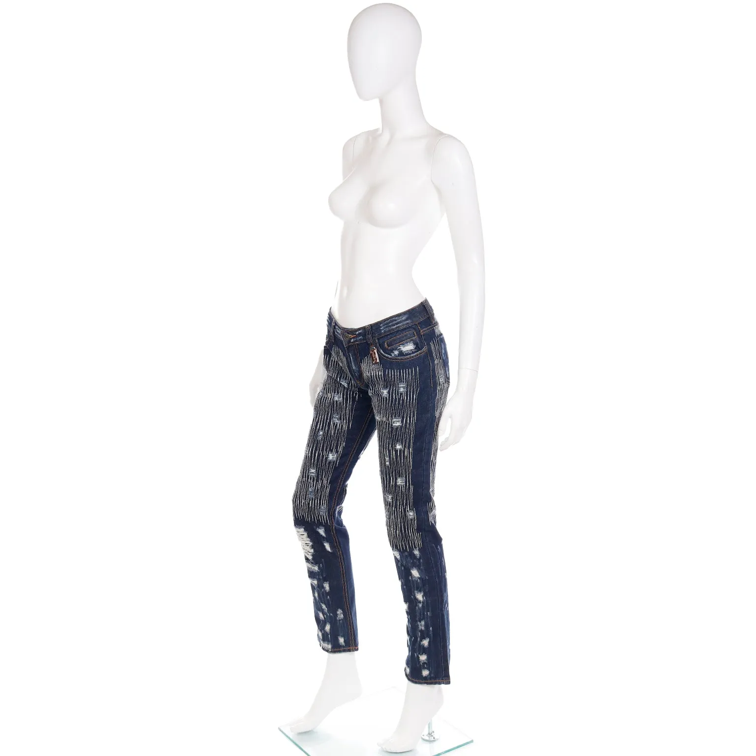 2000s Dolce & Gabbana Distressed Low Rise Denim Jeans w Embroidery