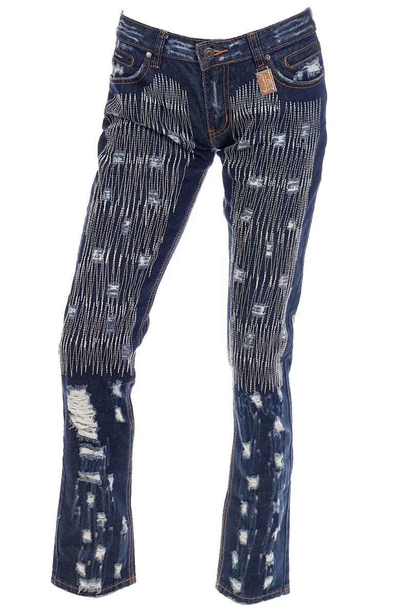 2000s Dolce & Gabbana Distressed Low Rise Denim Jeans w Embroidery