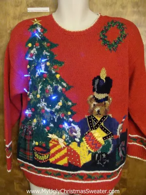 80s Ugly Christmas Sweater with Lights Nutcracker and Tree