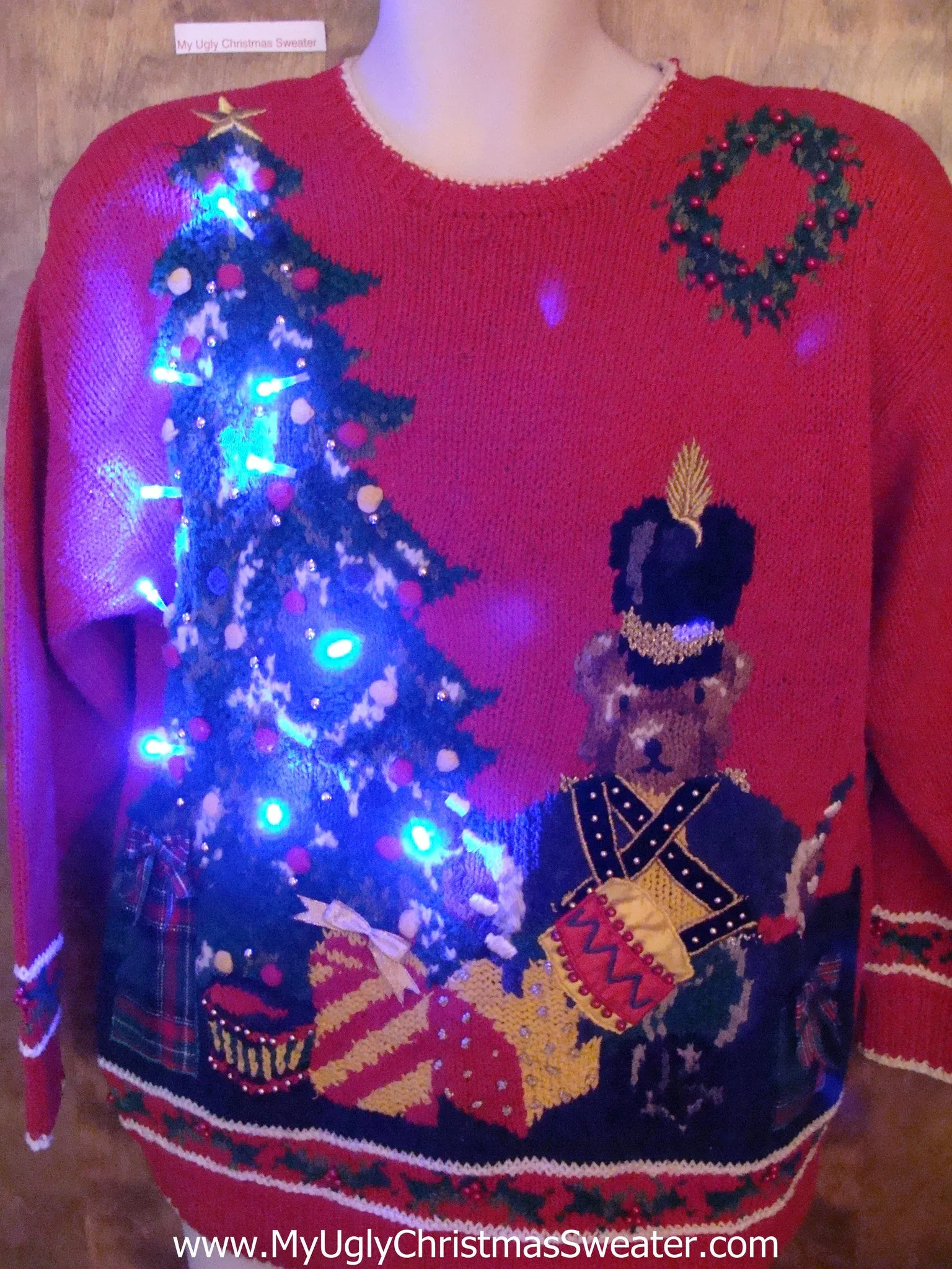 80s Ugly Christmas Sweater with Lights Nutcracker and Tree