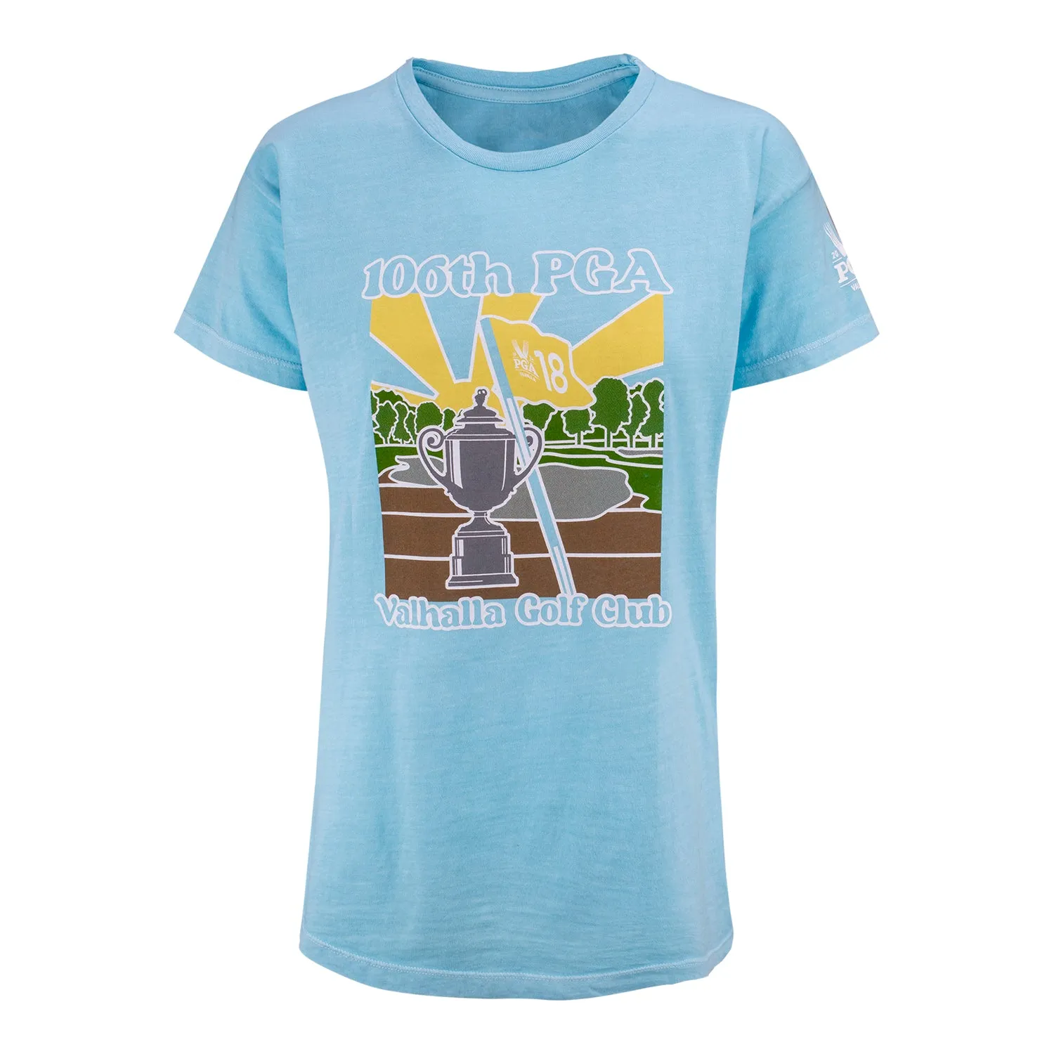 Ahead Women's 2024 PGA Championship T-Shirt featuring the Wanamaker Trophy in Sky Blue