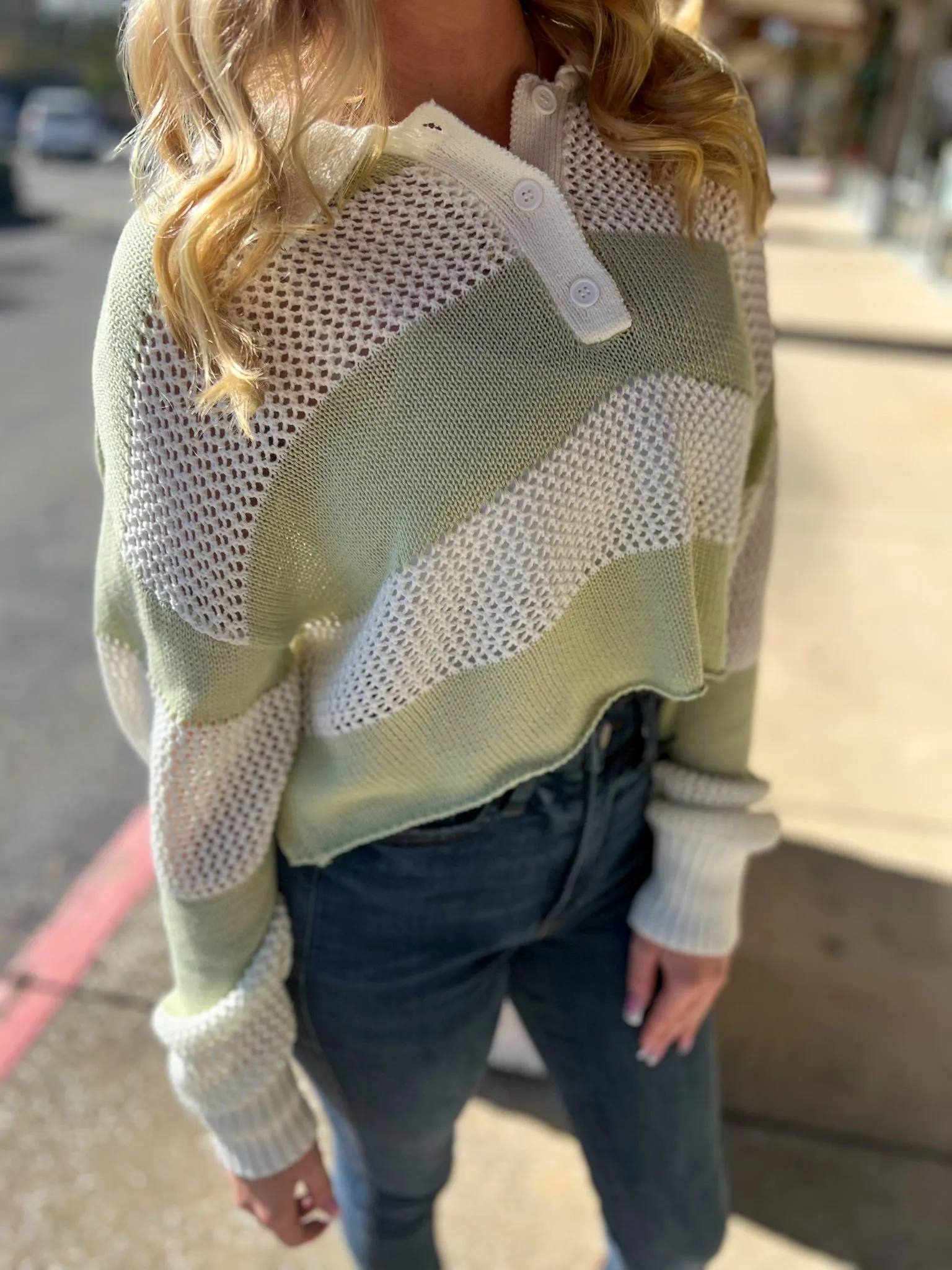 Always Fun Pistachio Striped Crochet Long Sleeve Sweater