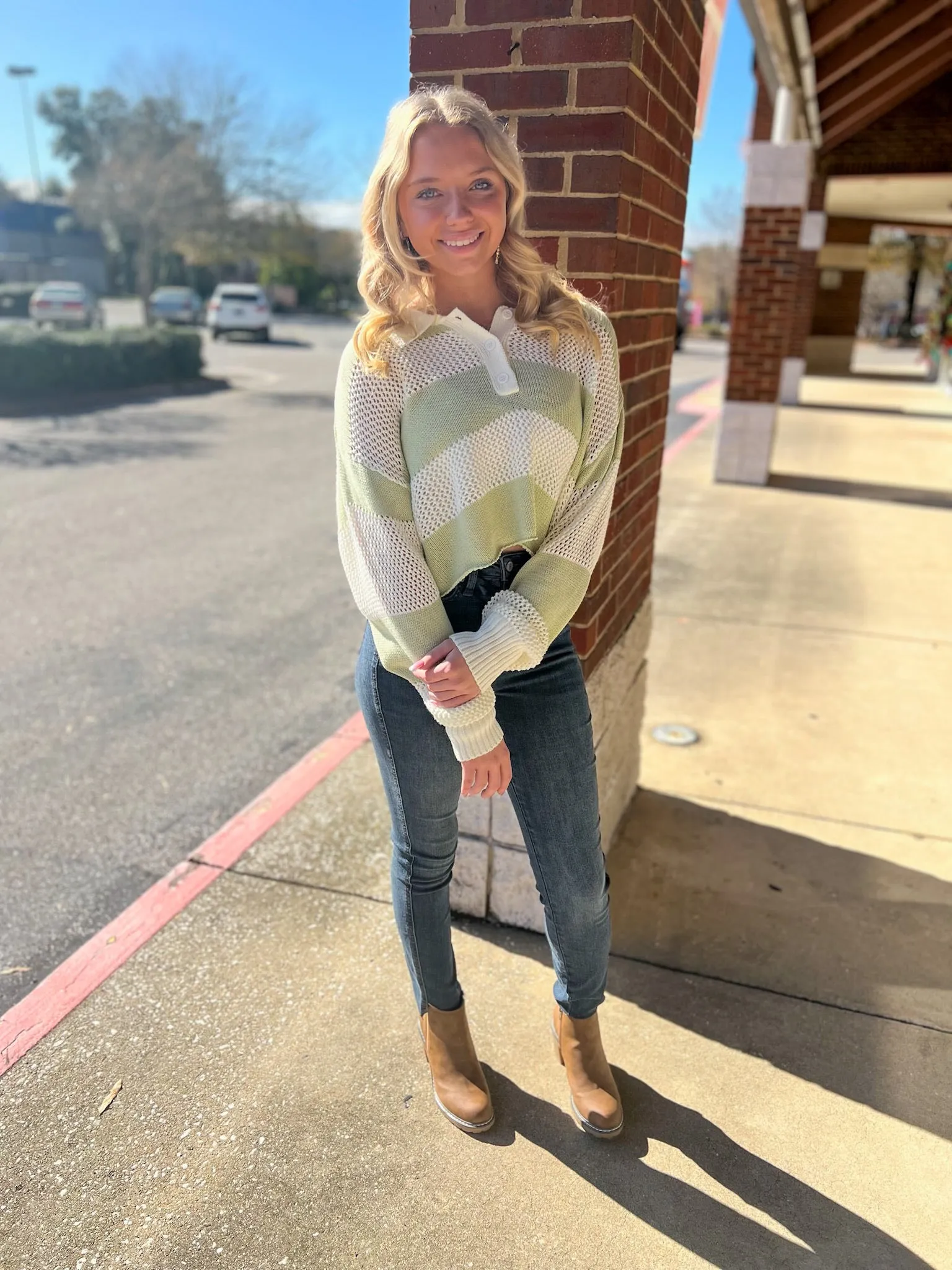Always Fun Pistachio Striped Crochet Long Sleeve Sweater