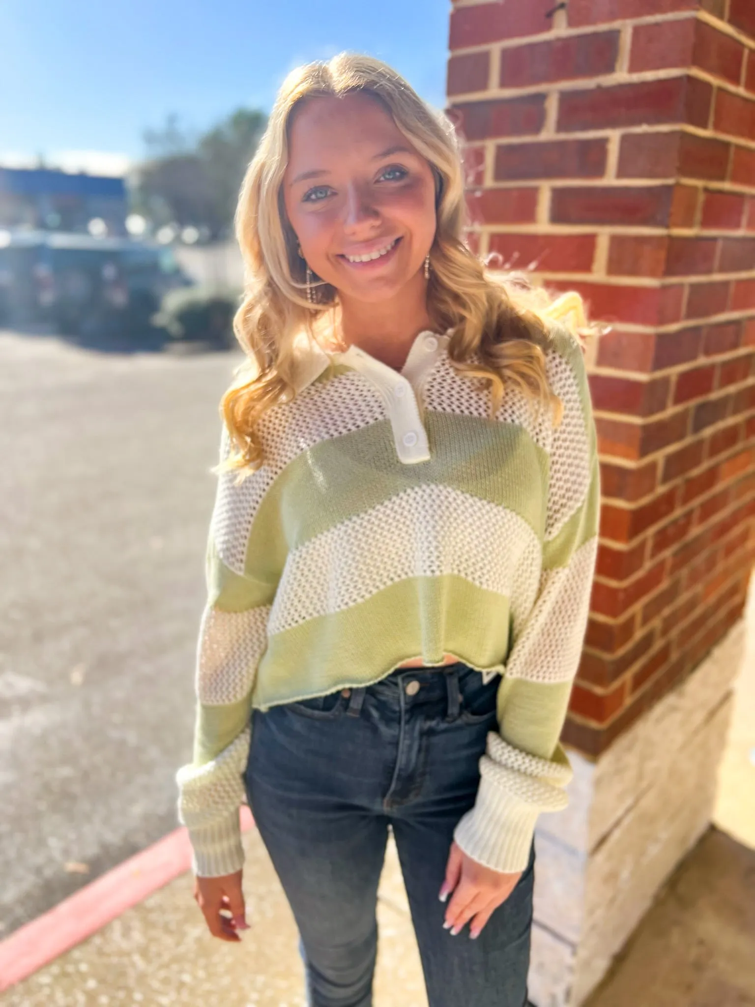 Always Fun Pistachio Striped Crochet Long Sleeve Sweater