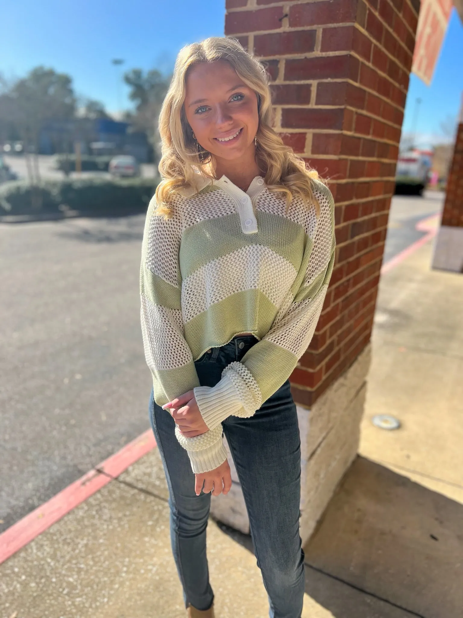 Always Fun Pistachio Striped Crochet Long Sleeve Sweater