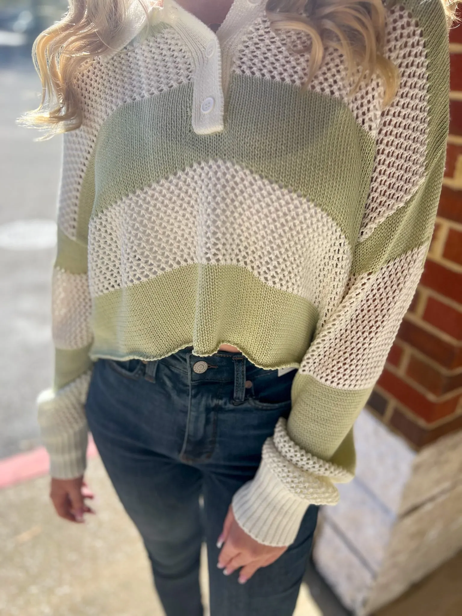 Always Fun Pistachio Striped Crochet Long Sleeve Sweater