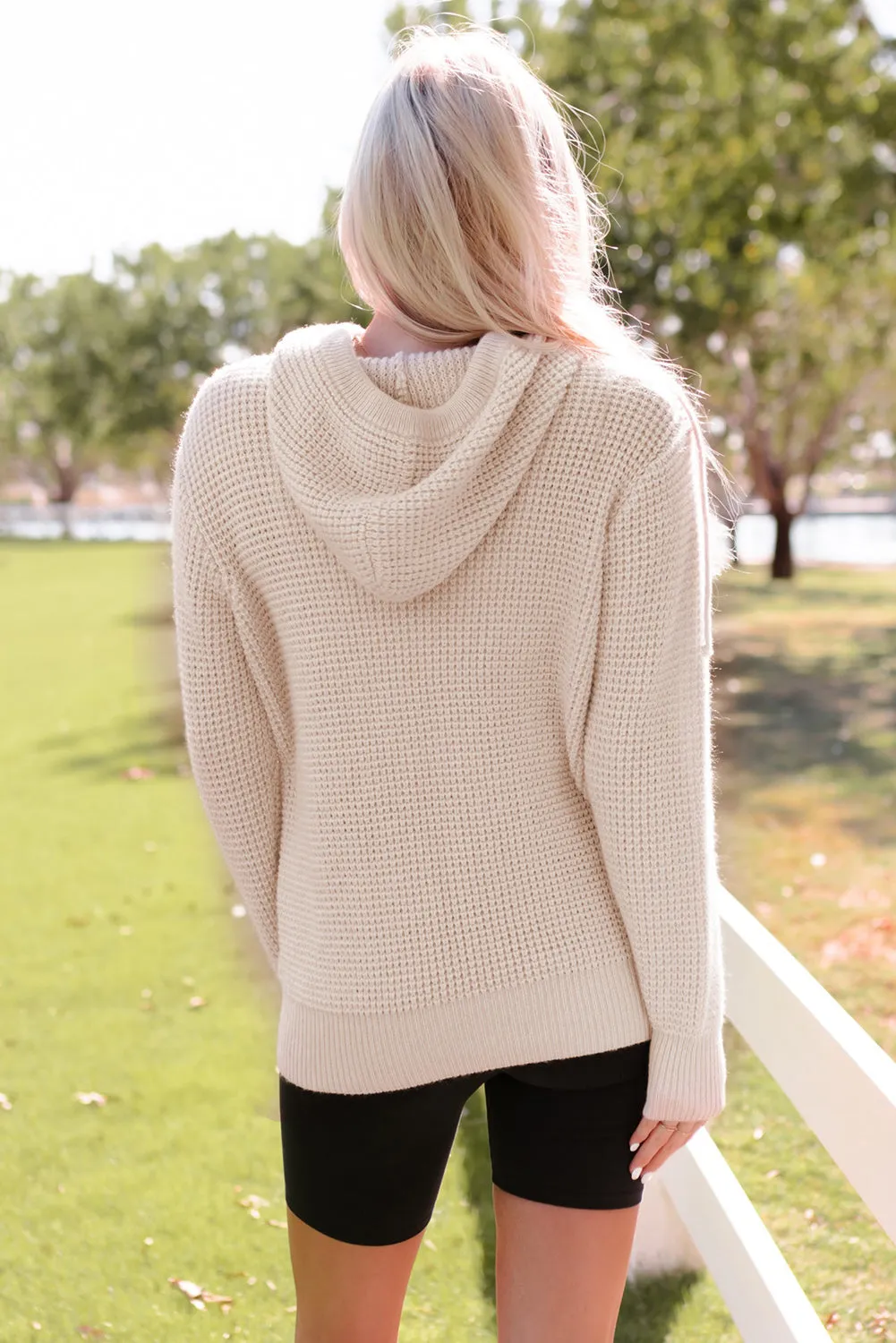 Apricot Waffle Knit Buttons Hooded Sweater With Pocket
