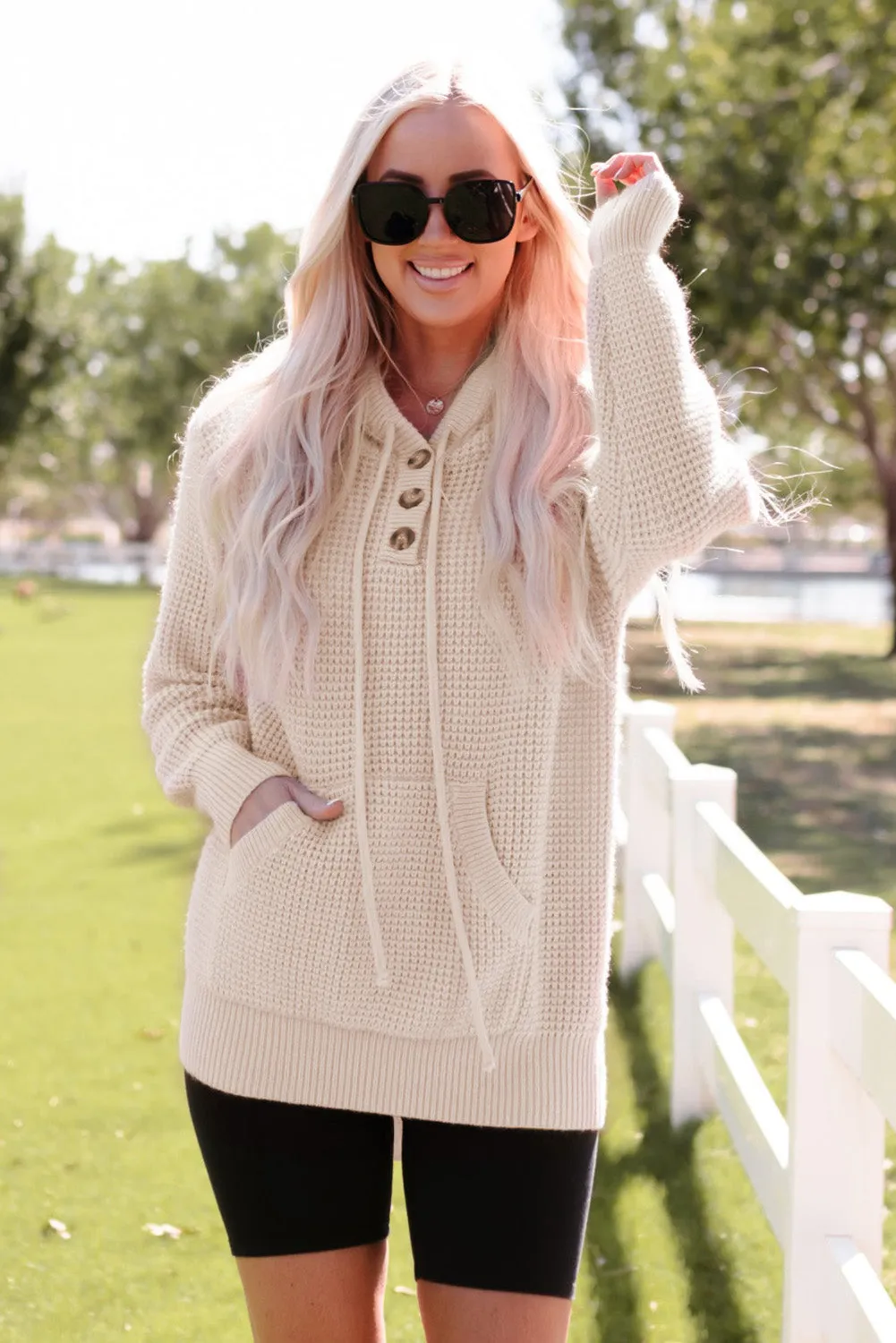 Apricot Waffle Knit Buttons Hooded Sweater With Pocket
