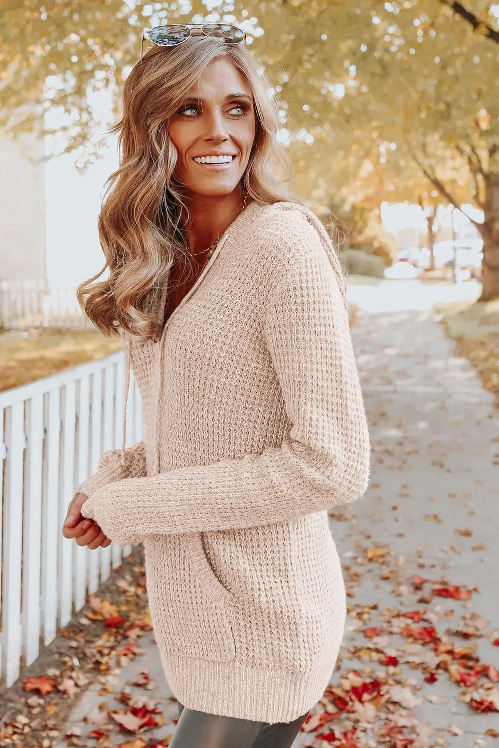 Apricot Waffle Knit Buttons Hooded Sweater With Pocket