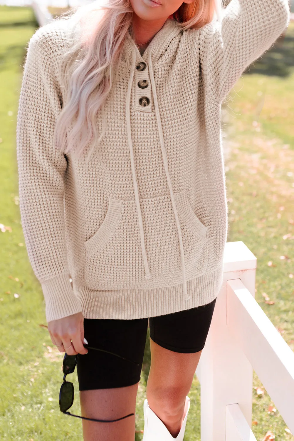 Apricot Waffle Knit Buttons Hooded Sweater With Pocket