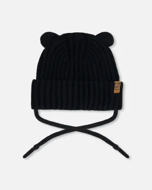 Baby Knit Hat With Strings Black