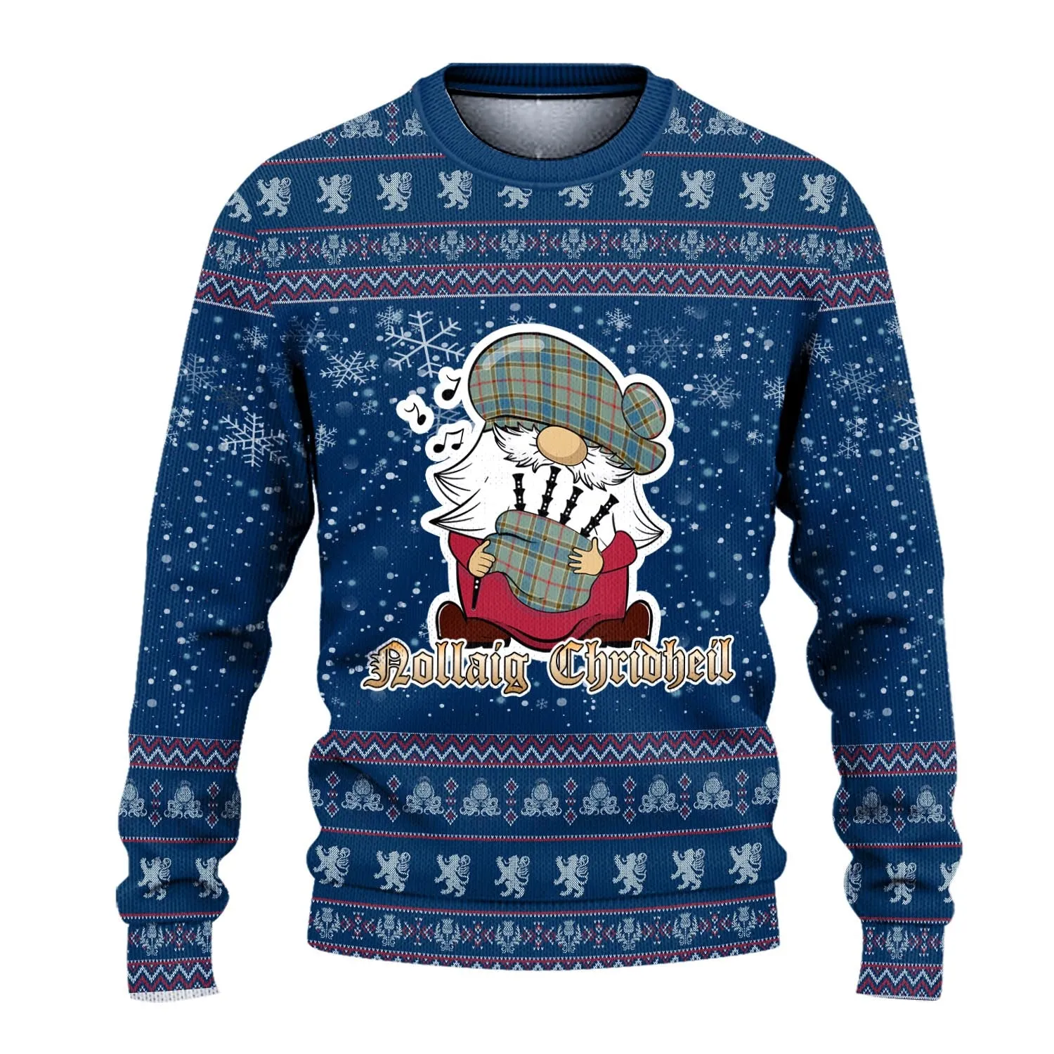 Balfour Blue Clan Christmas Family Ugly Sweater with Funny Gnome Playing Bagpipes
