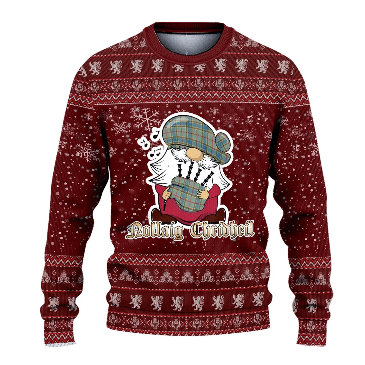 Balfour Blue Clan Christmas Family Ugly Sweater with Funny Gnome Playing Bagpipes
