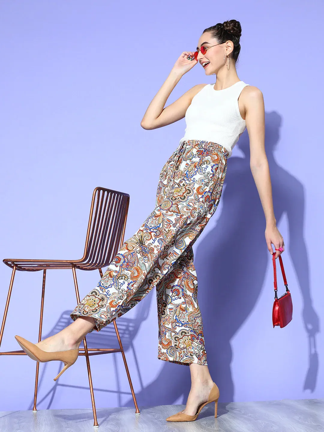 Berrylush Women White, Blue, & Orange Ethnic Motifs Printed High-Rise Waist Wide-Leg Trousers