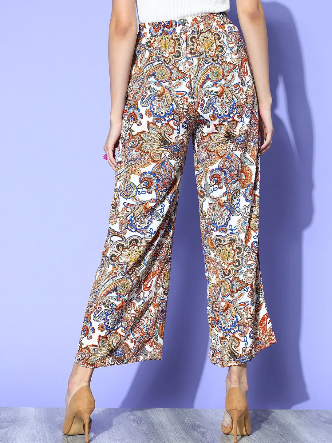 Berrylush Women White, Blue, & Orange Ethnic Motifs Printed High-Rise Waist Wide-Leg Trousers