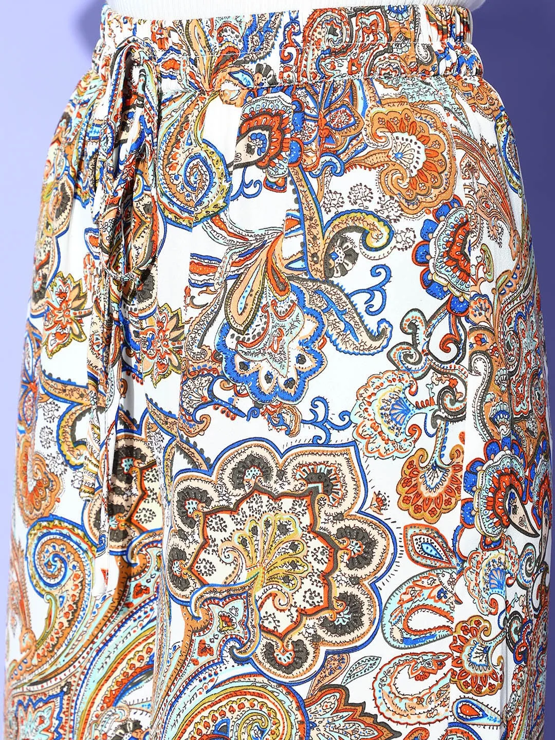 Berrylush Women White, Blue, & Orange Ethnic Motifs Printed High-Rise Waist Wide-Leg Trousers