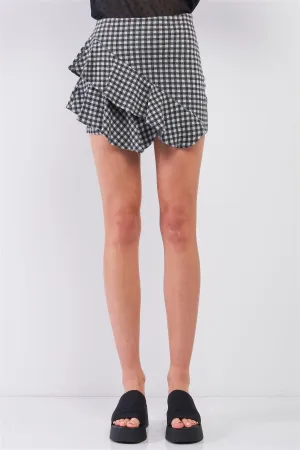 Black & Grey Buffalo Plaid High-Waisted Asymmetrical Ruffle Mini Skirt /2-2-1