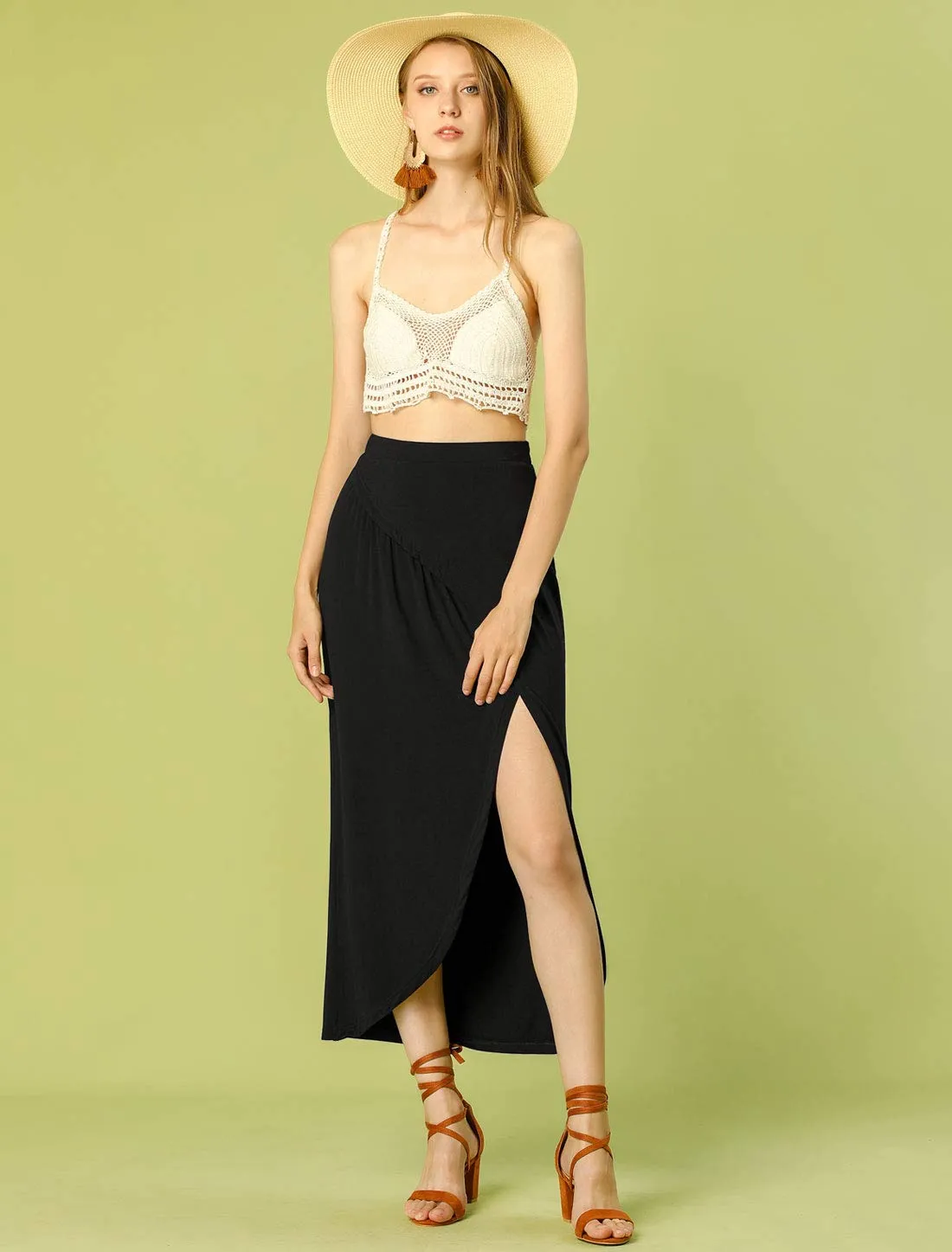 Black Women's Split Ruched High Waist Summer Beach Long Maxi Skirt with Side Slit - Allegra K