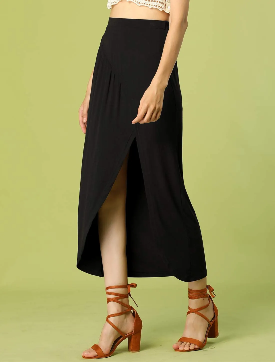 Black Women's Split Ruched High Waist Summer Beach Long Maxi Skirt with Side Slit - Allegra K