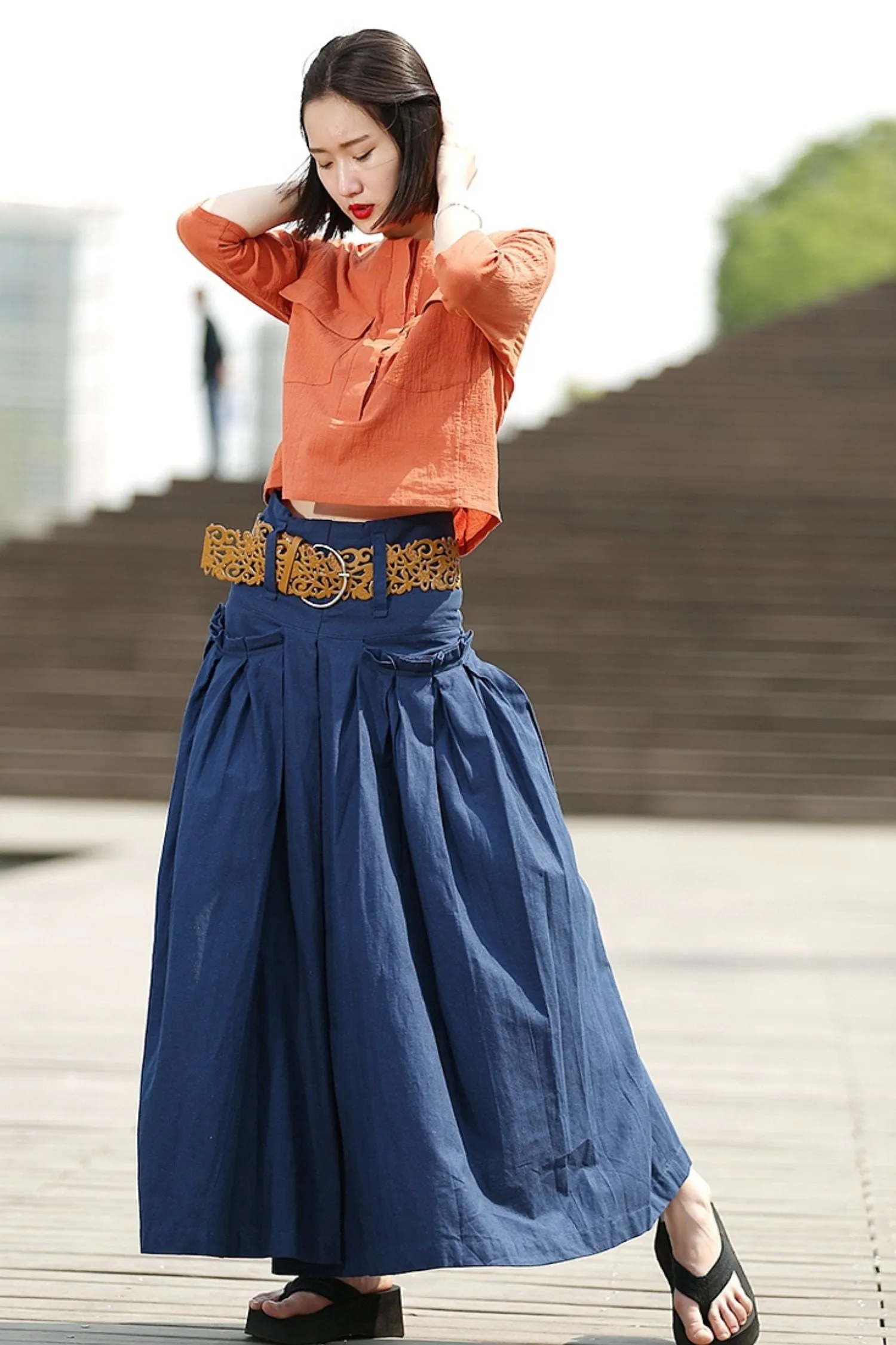 Blue Linen Maxi  Summer Skirt with Deep Waistband & Pockets C364