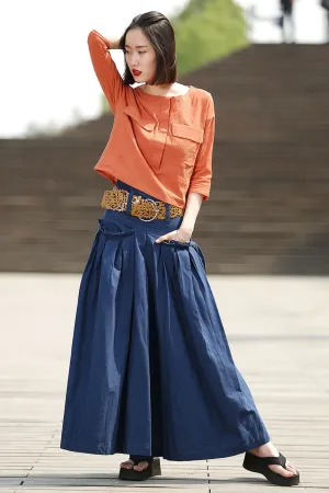 Blue Linen Maxi  Summer Skirt with Deep Waistband & Pockets C364