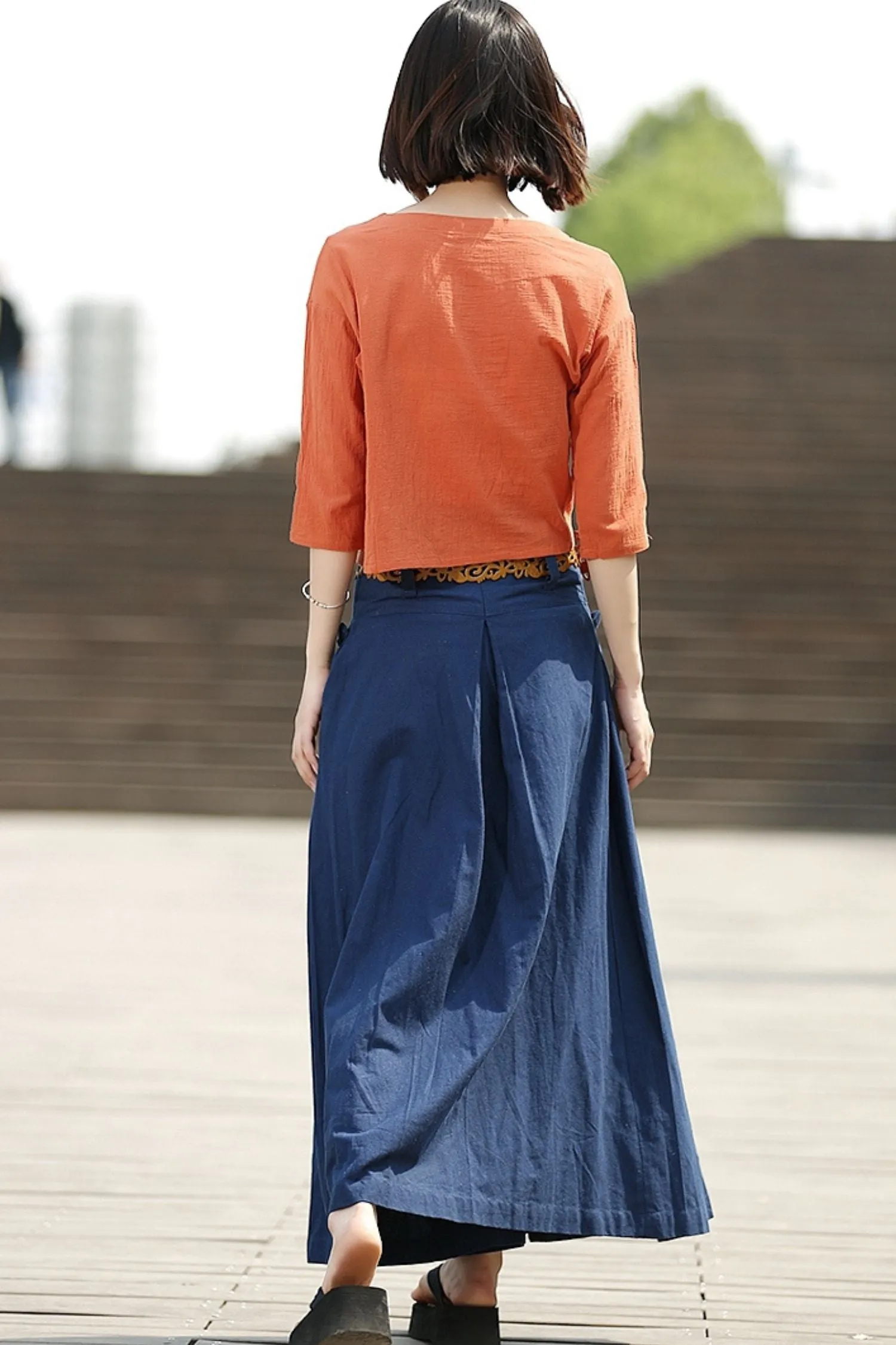 Blue Linen Maxi  Summer Skirt with Deep Waistband & Pockets C364