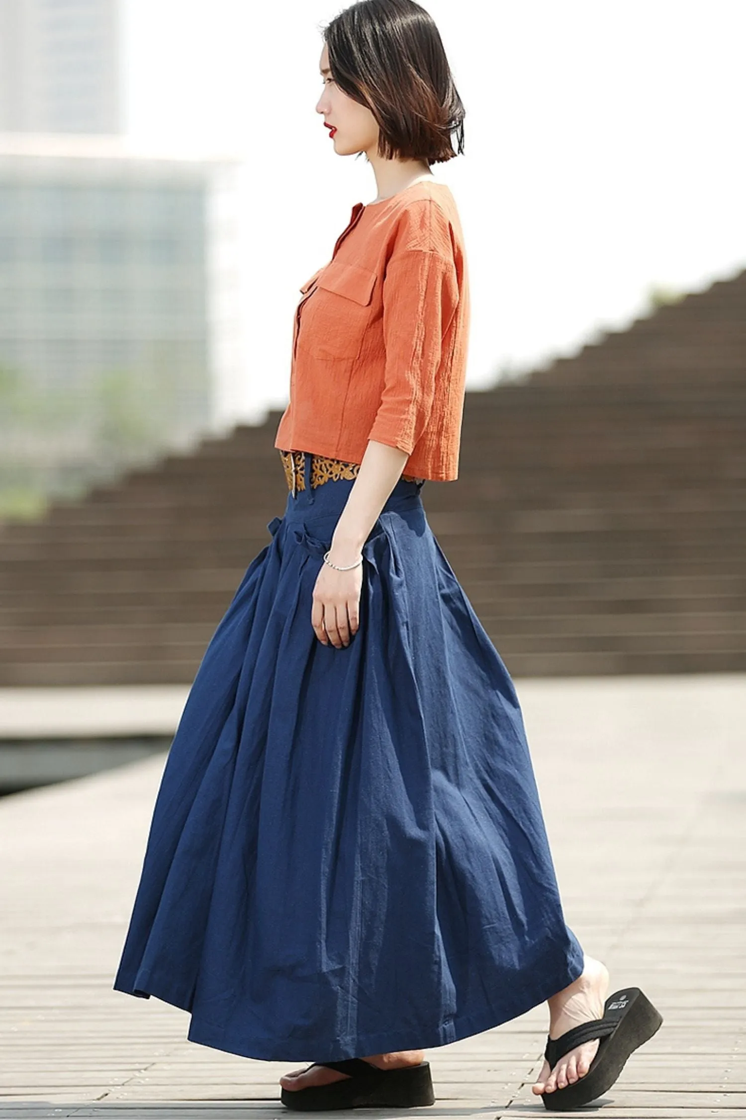 Blue Linen Maxi  Summer Skirt with Deep Waistband & Pockets C364