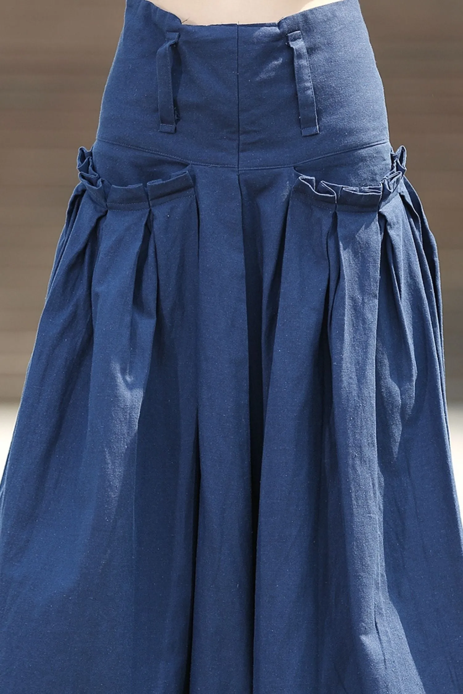 Blue Linen Maxi  Summer Skirt with Deep Waistband & Pockets C364