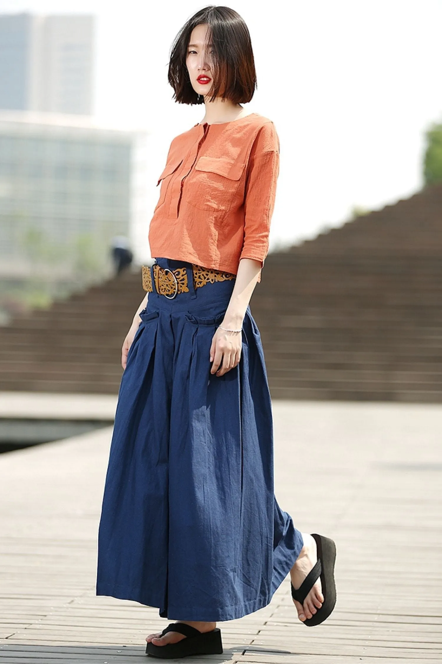 Blue Linen Maxi  Summer Skirt with Deep Waistband & Pockets C364