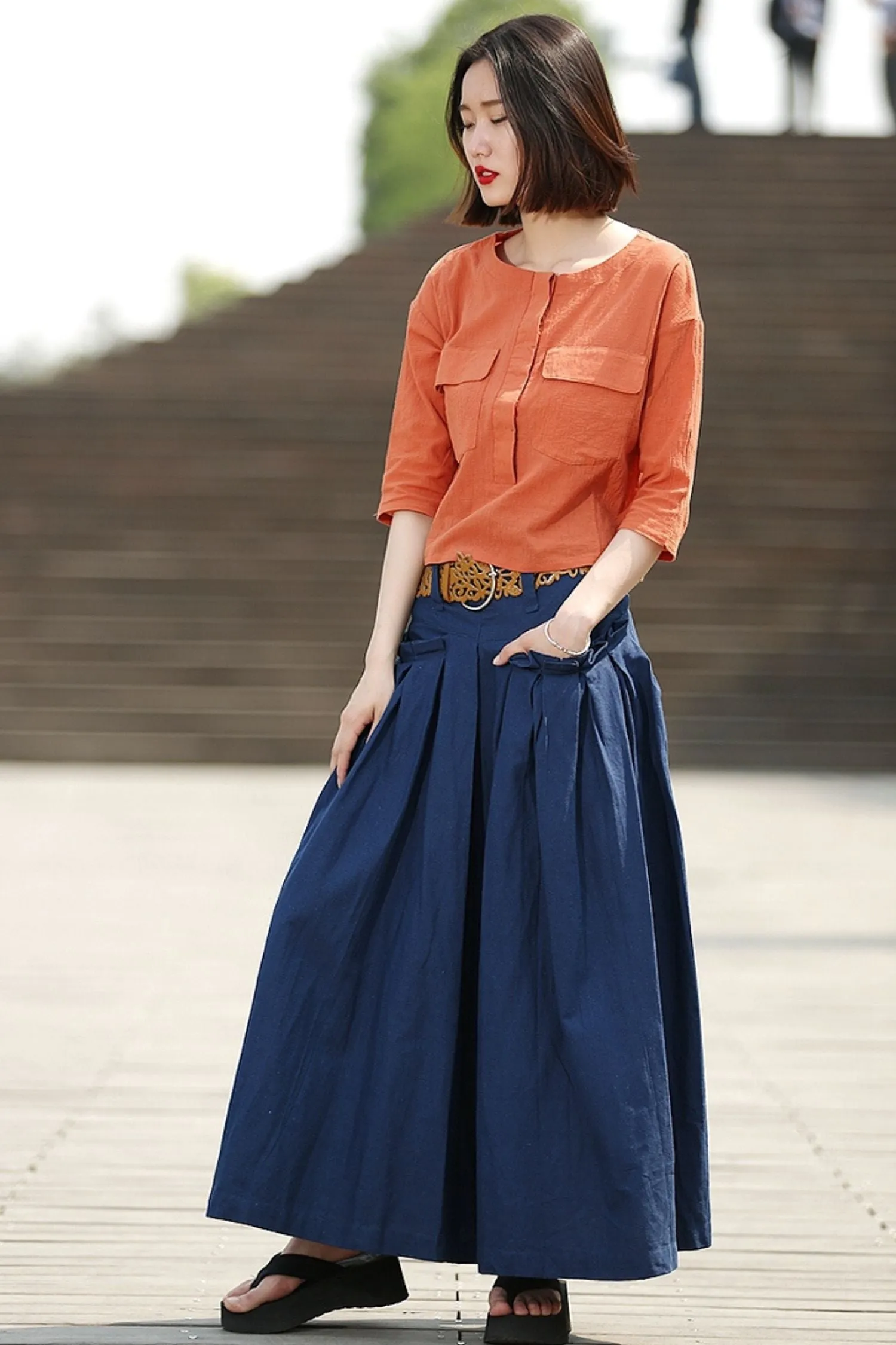 Blue Linen Maxi  Summer Skirt with Deep Waistband & Pockets C364
