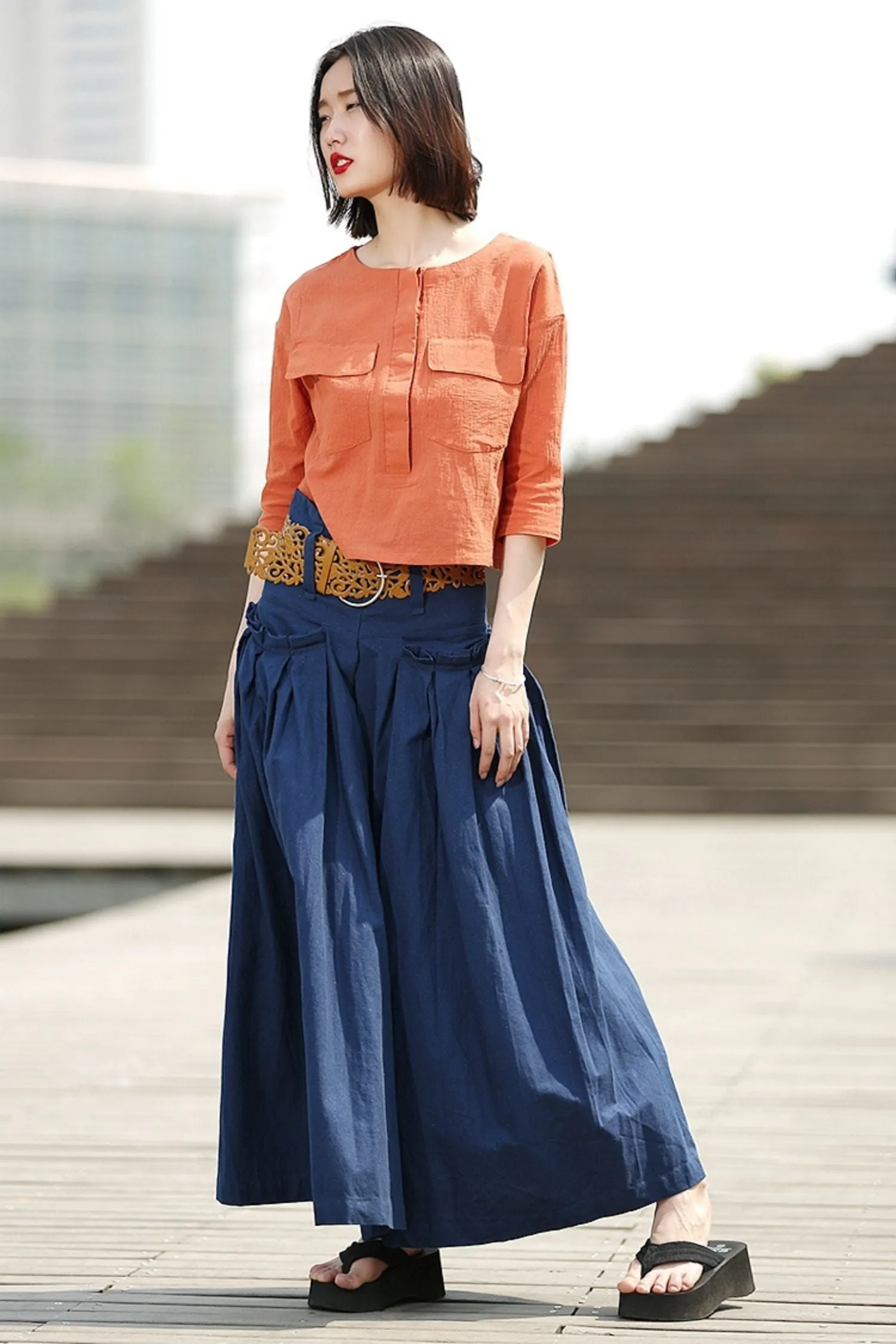 Blue Linen Maxi  Summer Skirt with Deep Waistband & Pockets C364