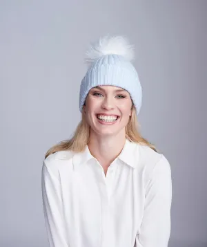 Blue Rib Knit Hat with Oversize Pom Pom