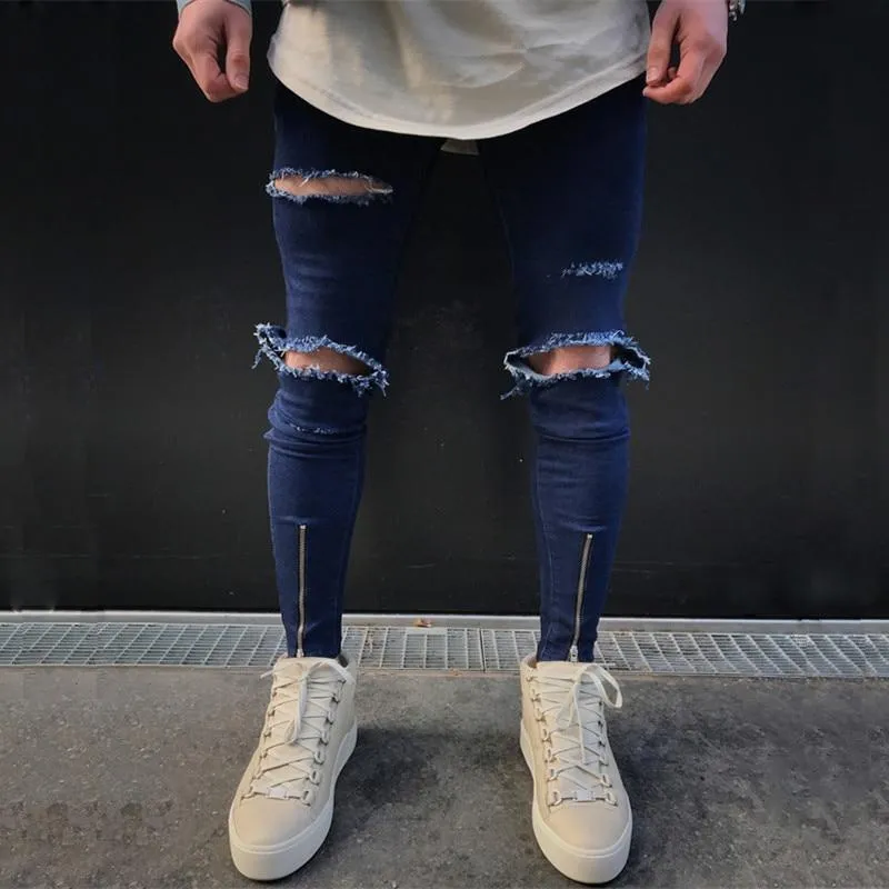 Blue Skinny Knee Ripped Ankle Zipper Jeans