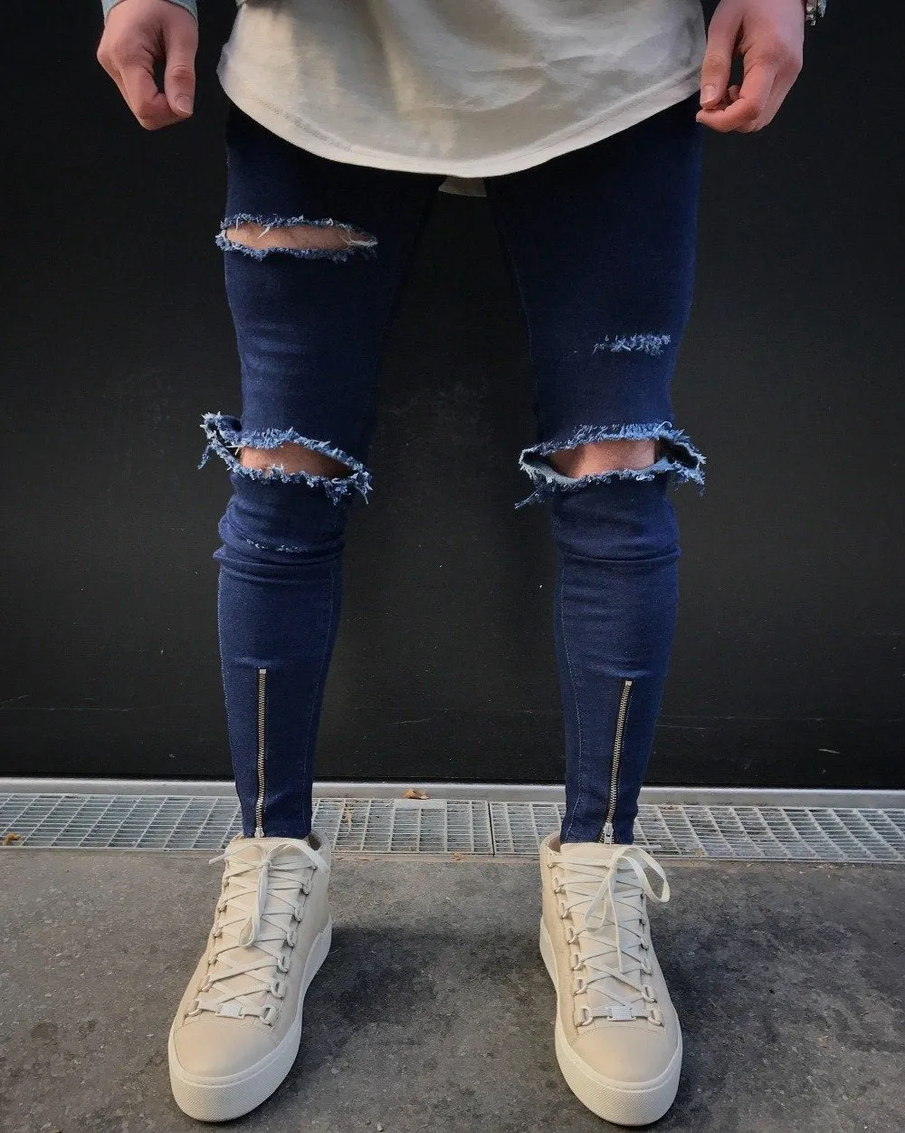 Blue Skinny Knee Ripped Ankle Zipper Jeans