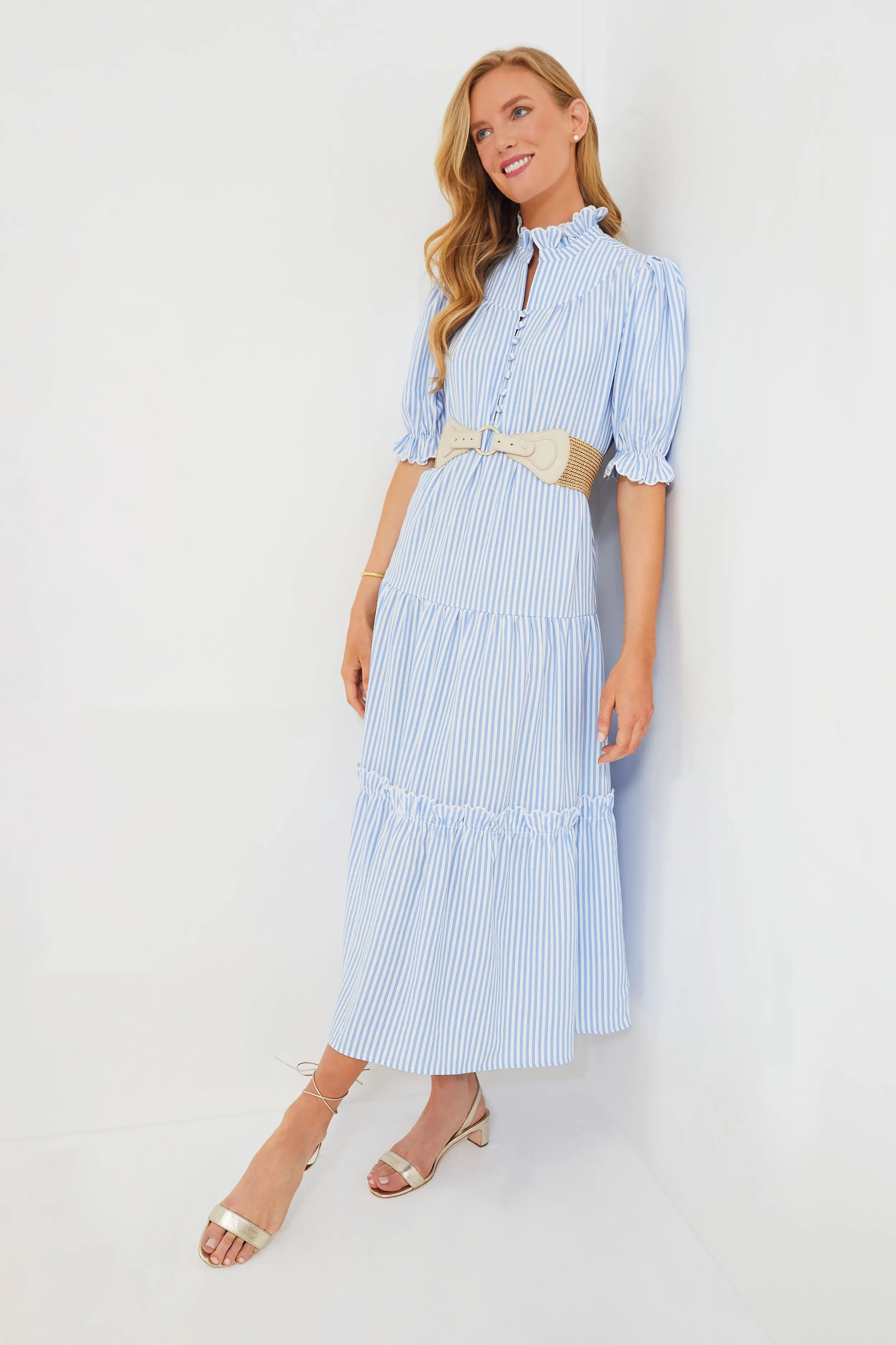 Blue Stripe Seersucker Selena Maxi Dress