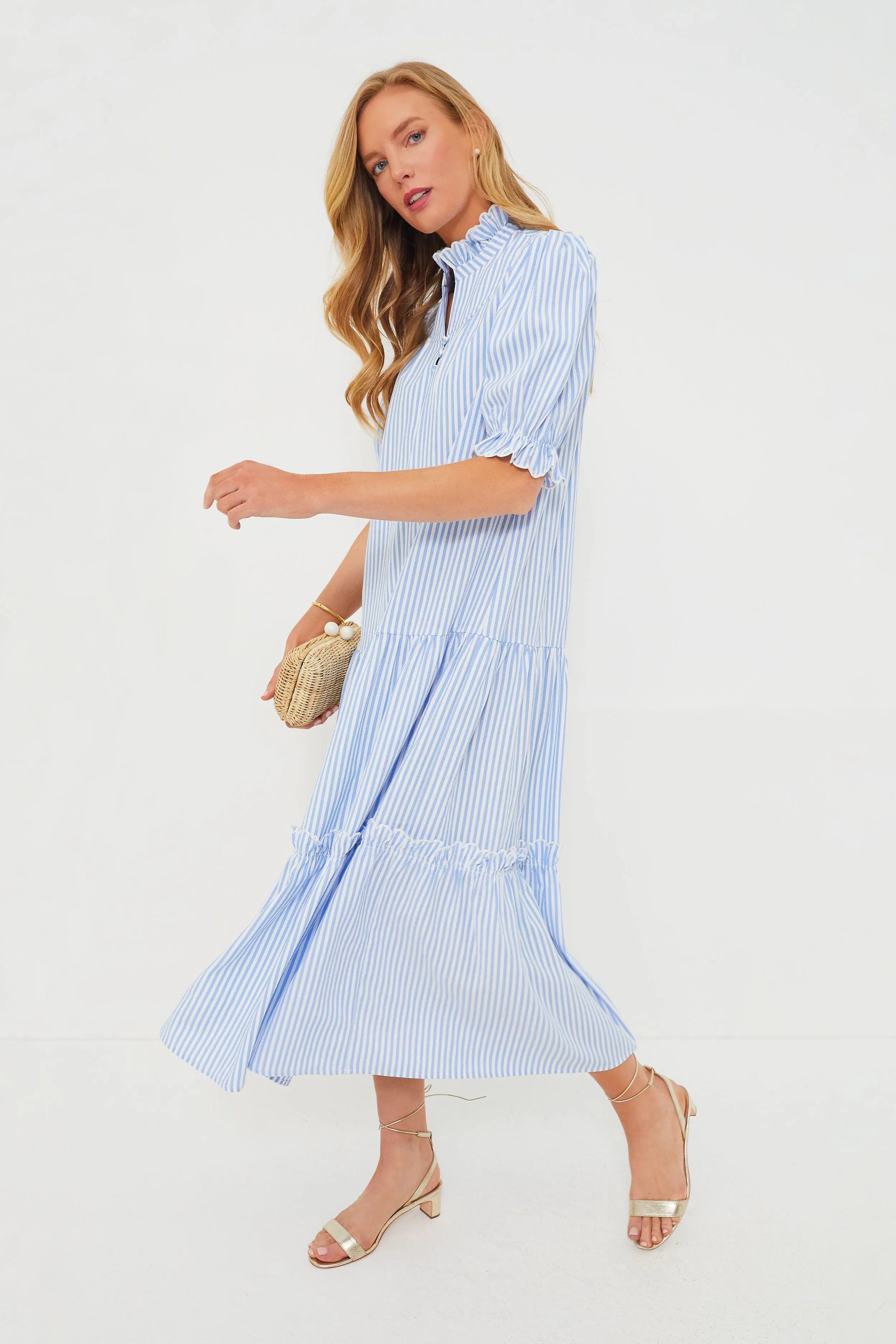 Blue Stripe Seersucker Selena Maxi Dress