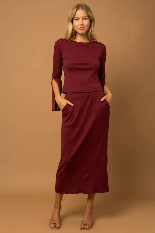 Burgundy Side Slit Rib Midi Skirt