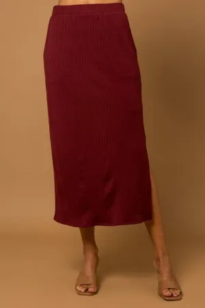 Burgundy Side Slit Rib Midi Skirt